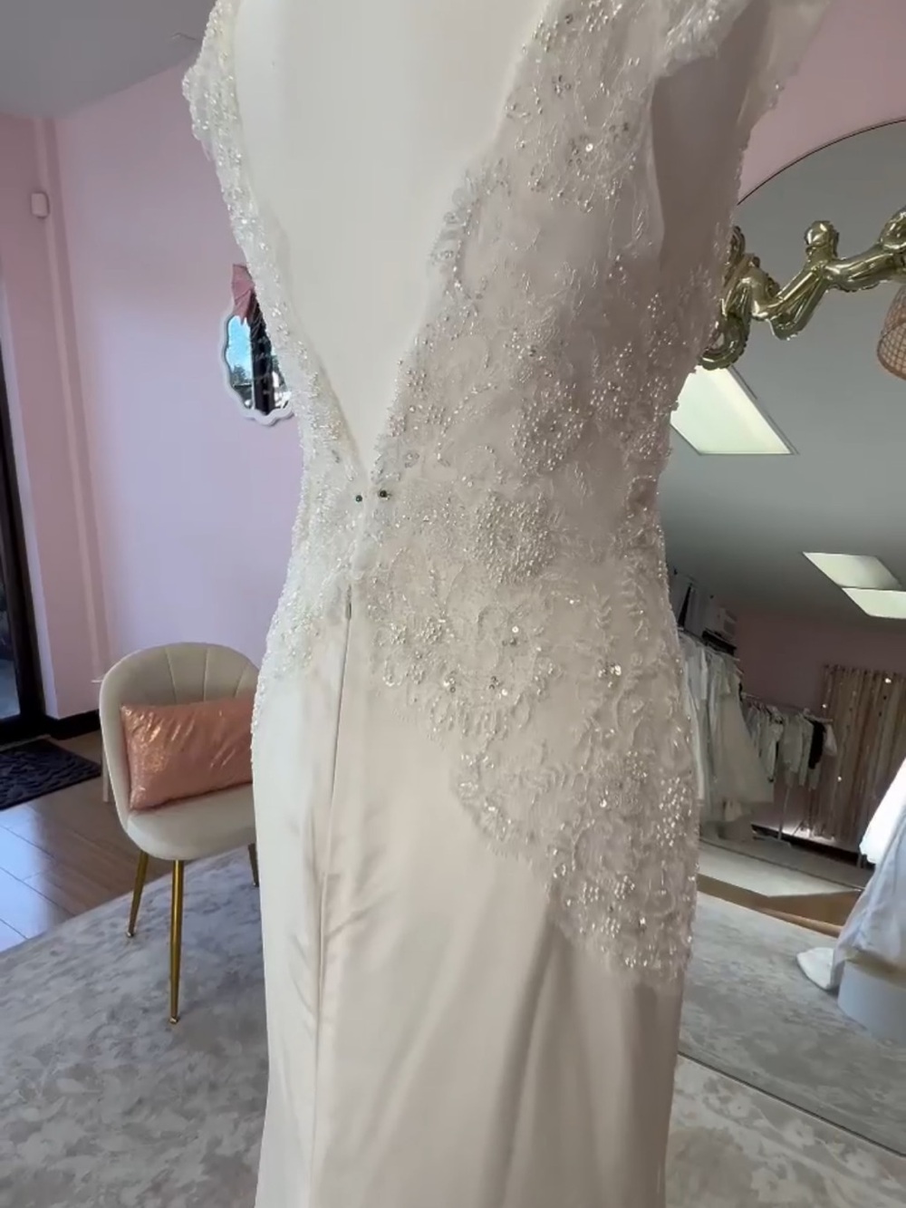Lazaro Ivory Satin Mermaid Wedding Dress with Beaded Lace Bodice - Picture 3 of 17